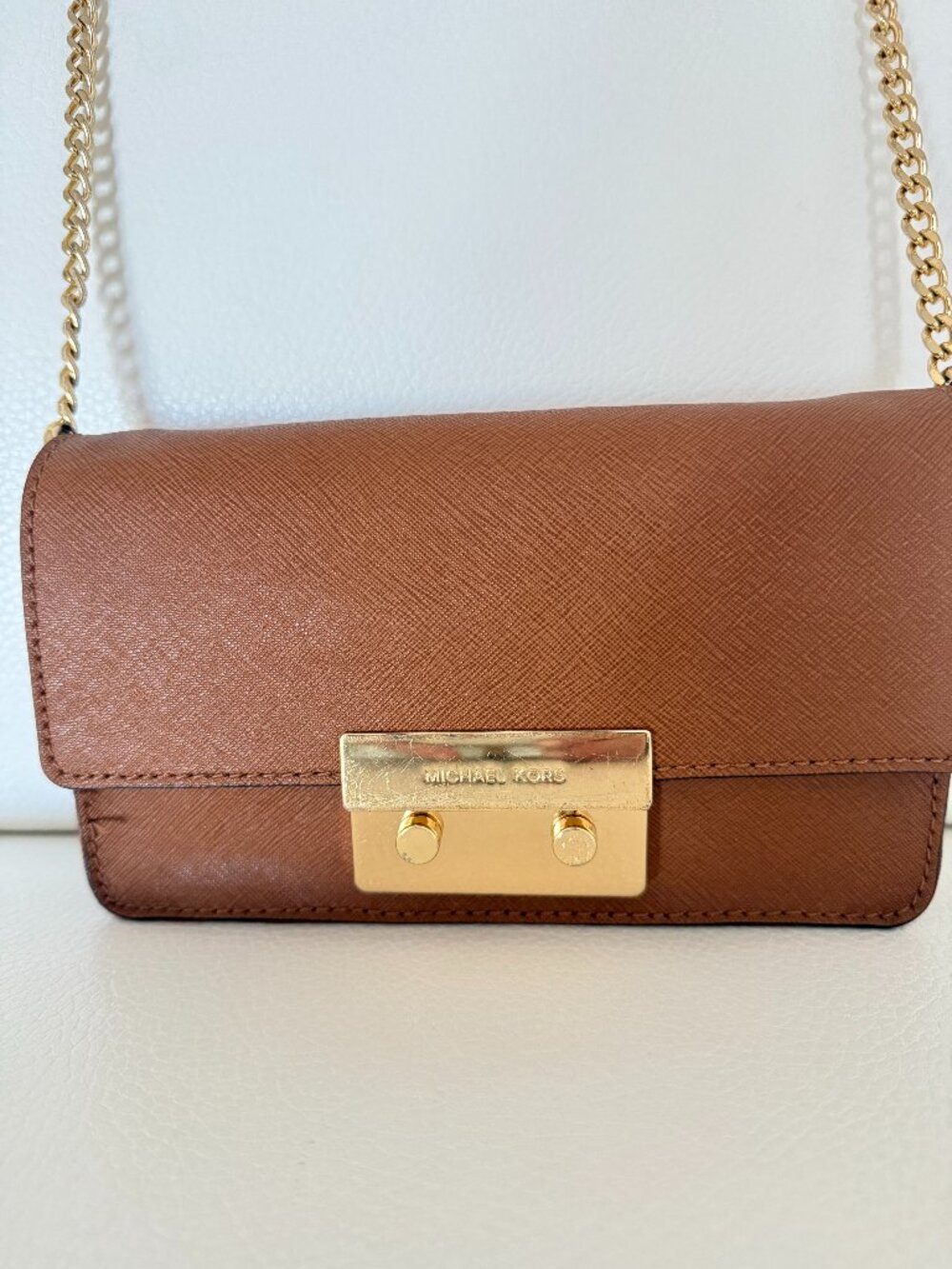 MICHAEL KORS SLOAN COGNAC SAFFIANO LEATHER CROSSBODY BAG CLUTCH PURSE